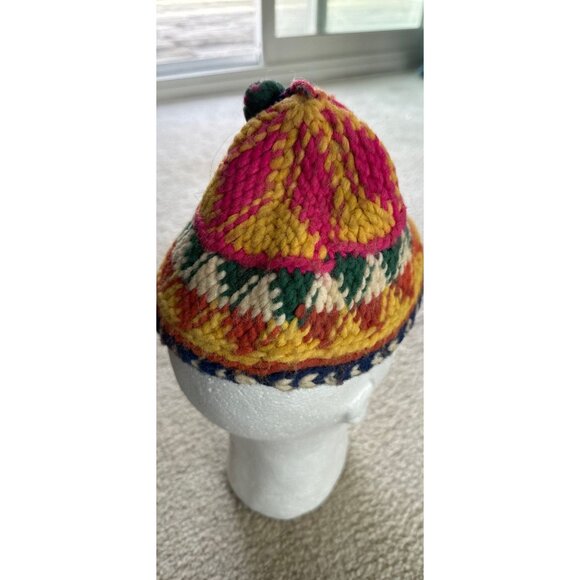 Vtg 1970\'s Wool Beanie Handmade Hat Hand Woven Multi Colored With Green & Pink